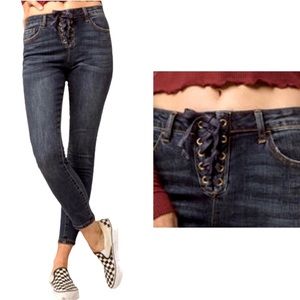 Sky and Sparrow Lace Up Fly High Waist Jeans Skinny Whisker Front 11 Y2K Style